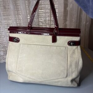 Vintage Y2K COACH White Suede Bordeaux Patent Leather, Work Satchel Bag, 9278